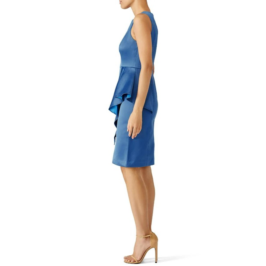 Shoshanna Elisa Dress Sz 10 Blue Satin Sheath Ruffle Cocktail Wedding Guest Nwt — image 5 of 8